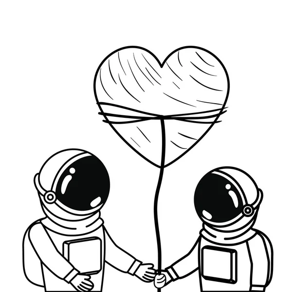Astronauti con tuta spaziale e cuore su sfondo bianco — Vettoriale Stock