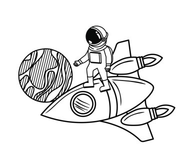 beyaz arka planda uzay elbisesi ve roket ile astronot