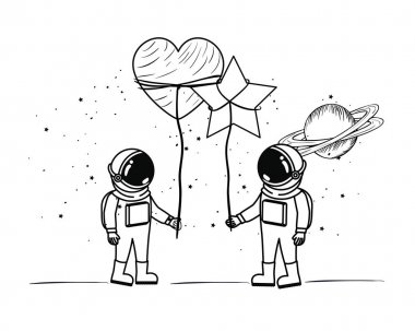 uzayda uzay kıyafeti ile astronotların silueti