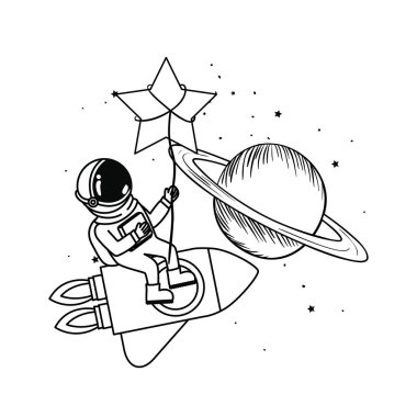 beyaz arka planda uzay elbisesi ve roket ile astronot