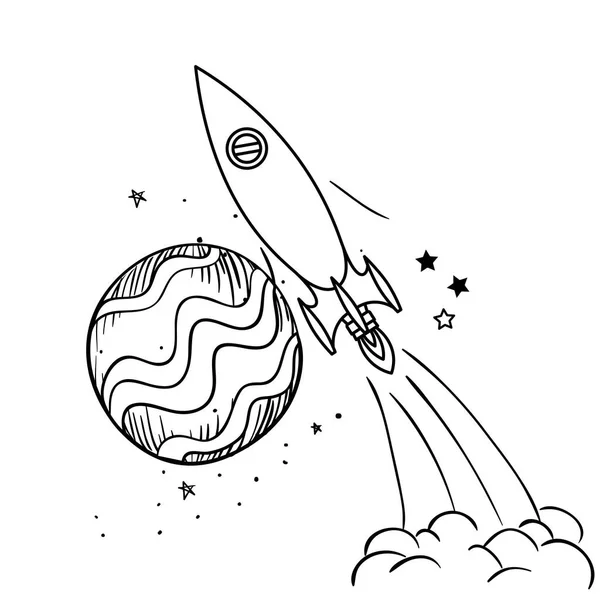 Cohete volando con el planeta del sistema solar — Vector de stock