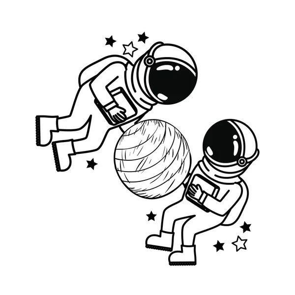 Uzayda uzay kıyafeti ile astronotların silueti — Stok Vektör