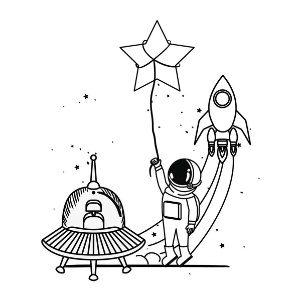 太空中宇航员和外星航天器的剪影 — 图库矢量图片