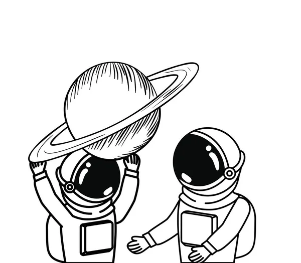 Astronautas con traje espacial y planeta en fondo blanco — Vector de stock