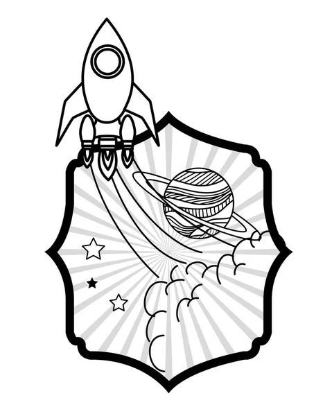 Cadre avec fusée décollant et planètes — Image vectorielle