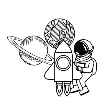 beyaz arka planda uzay elbisesi ve roket ile astronot