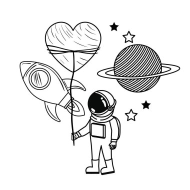 beyaz arka planda uzay elbisesi ve roket ile astronot