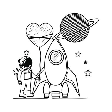 beyaz arka planda uzay elbisesi ve roket ile astronot