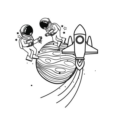 beyaz arka planda uzay elbisesi ve roket ile astronot
