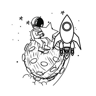 beyaz arka planda uzay elbisesi ve roket ile astronot