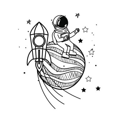 beyaz arka planda uzay elbisesi ve roket ile astronot