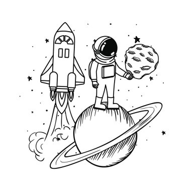 beyaz arka planda uzay elbisesi ve roket ile astronot