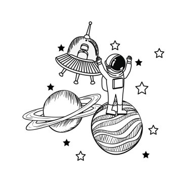 uzayda astronot ve yabancı uzay aracı silueti