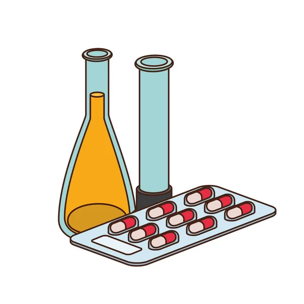 Instruments de laboratoire avec des médicaments en fond blanc — Image vectorielle