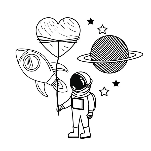 beyaz arka planda uzay elbisesi ve roket ile astronot