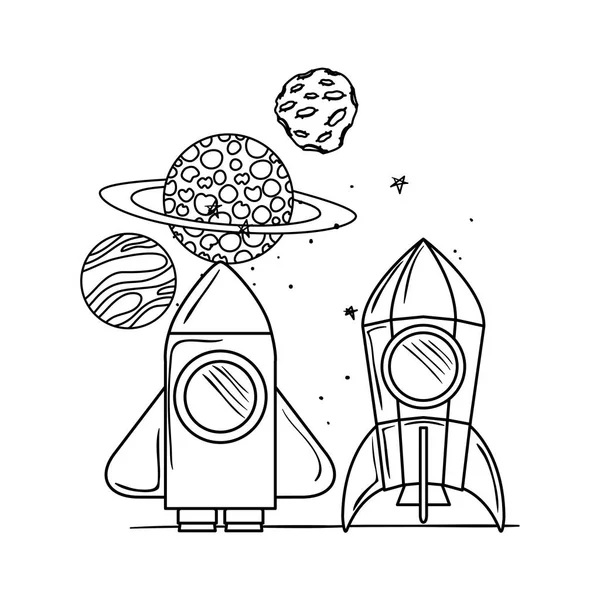 Cohete volando con el planeta del sistema solar — Vector de stock