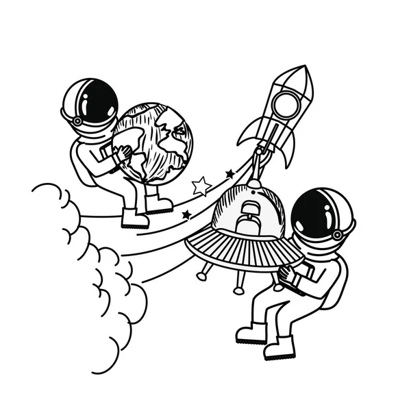 Sziluettje űrhajós és idegen űrhajó térben — Stock Vector