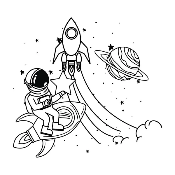 beyaz arka planda uzay elbisesi ve roket ile astronot