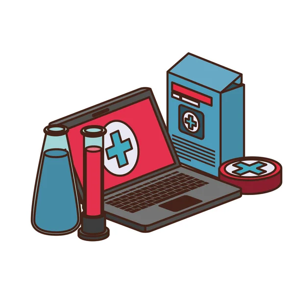 Laptop e instrumentos de laboratório ícone isolado —  Vetores de Stock