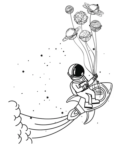 Astronauta con tuta spaziale e razzo su sfondo bianco — Vettoriale Stock