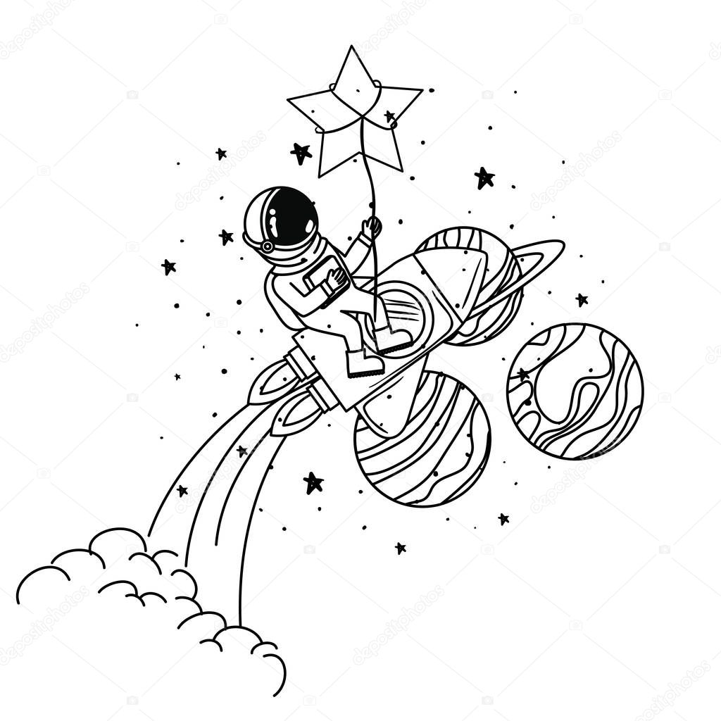 astronaut with spacesuit and rocket in white background
