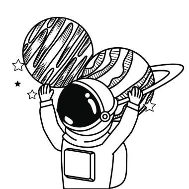 uzay giysisi ve beyaz arka plandaki gezegenler ile astronot