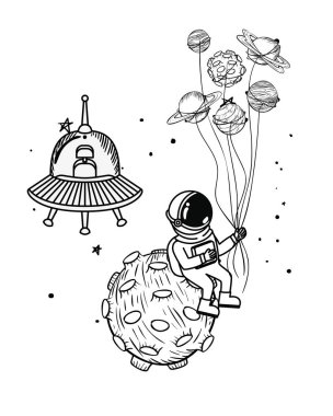 uzayda astronot ve yabancı uzay aracı silueti