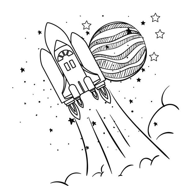 Raket flyga med planeter i solsystemet — Stock vektor