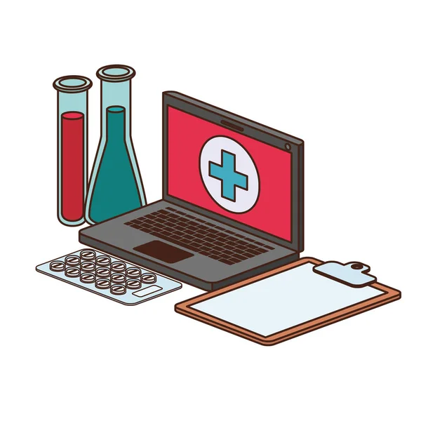 Laptop and laboratory instruments isolated icon — Stock Vector