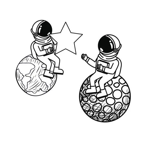 白い背景に宇宙服と惑星を持つ宇宙飛行士 — ストックベクタ