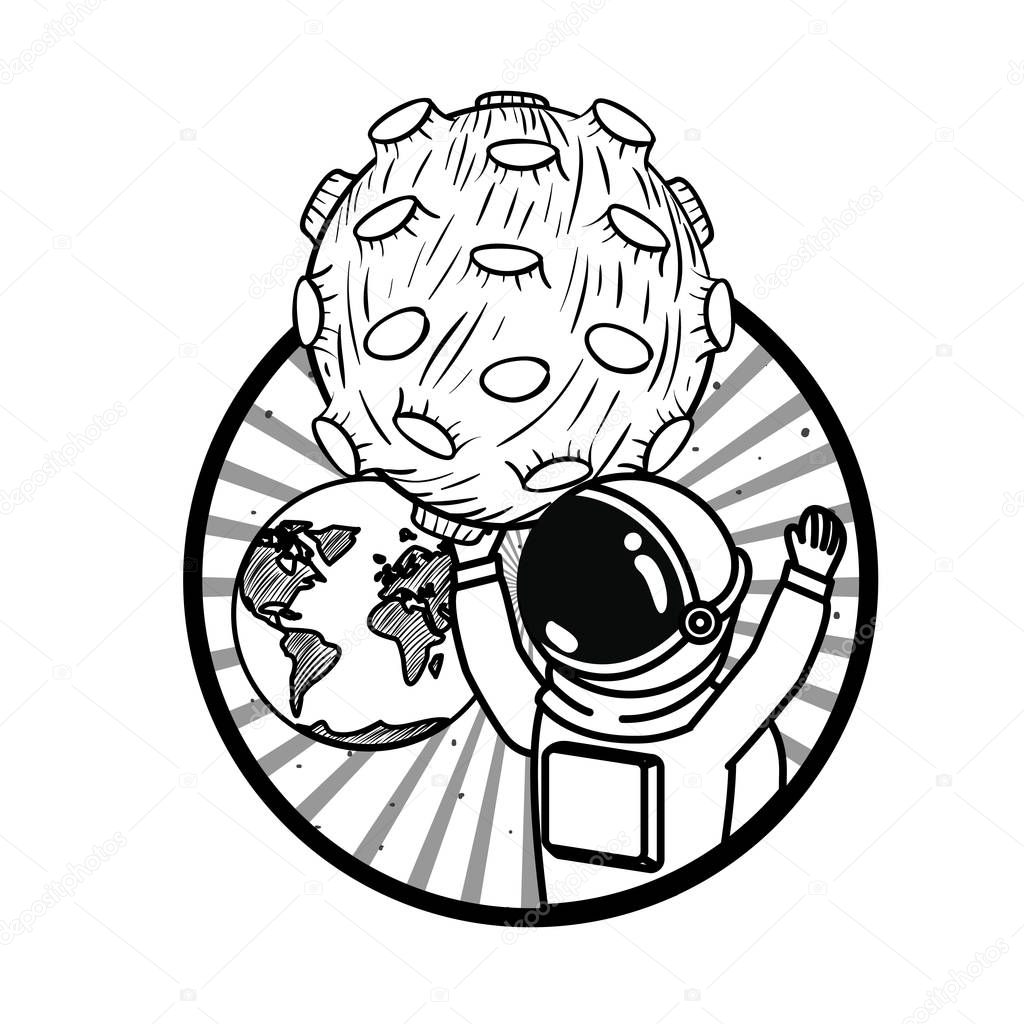 frame with astronaut and planet in white background