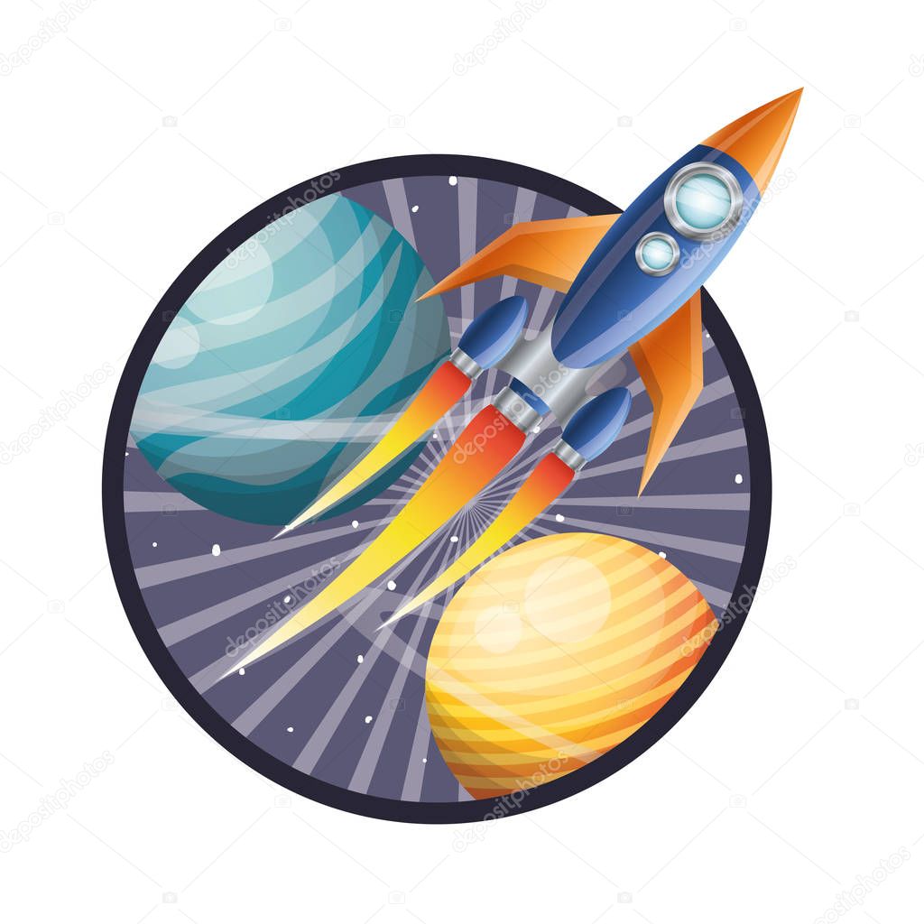 frame with rocket flying and planets of the solar system