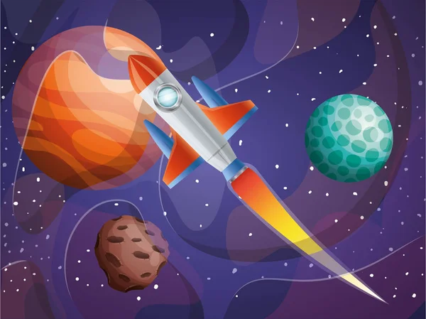 Rakete fliegt mit Planeten im Hintergrund des Sonnensystems — Stockvektor