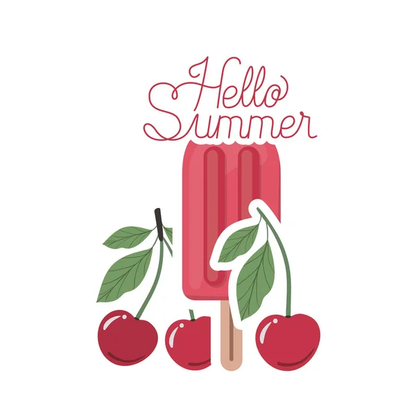 Hola etiqueta de verano con helado de cereza — Vector de stock