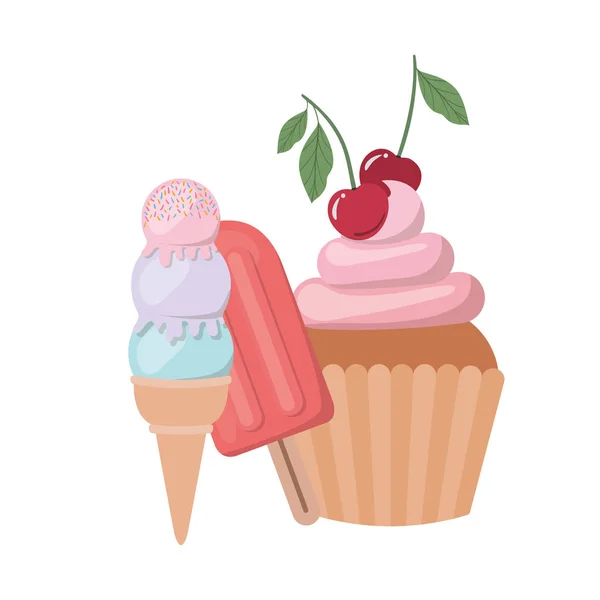 Deliciosos cupcakes e sorvete para o verão — Vetor de Stock