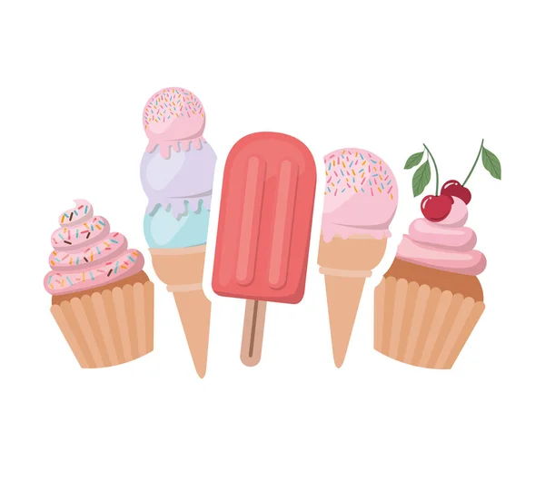 Delicious cupcakes and ice cream for summer — Stock Vector