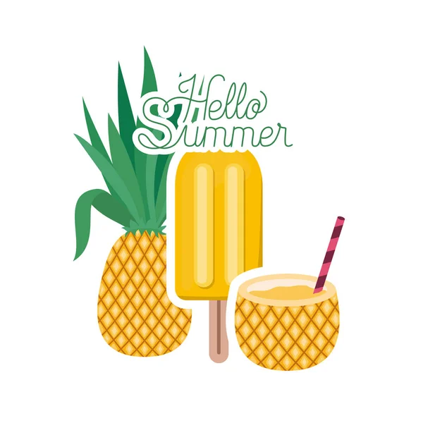 Hello summer label with pineapple coktail icon — стоковый вектор
