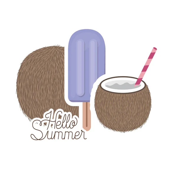 Hola etiqueta de verano con icono de coco — Vector de stock