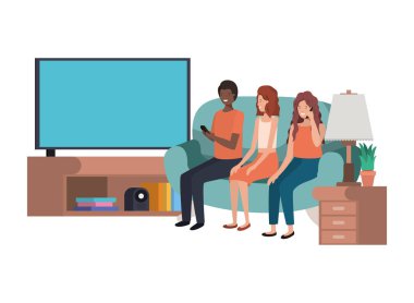 oturma odasında teknolojiyi kullanan kadın grubu