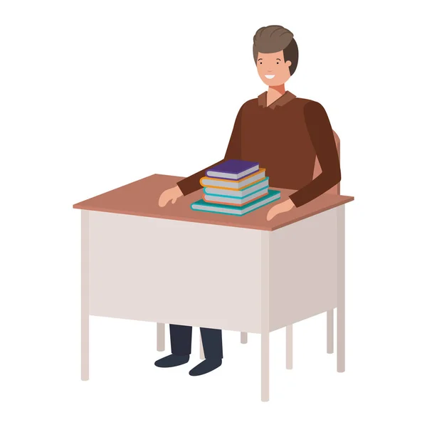 Człowiek siedzi w szkole krzesło i biurko z książkami — Wektor stockowy