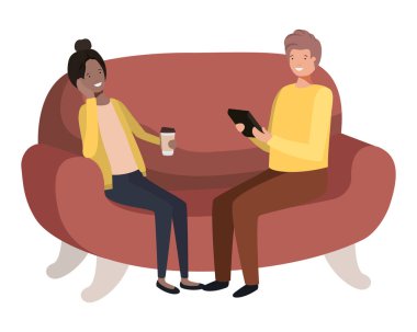 kanepe avatar karakteri akıllı telefon kullanarak çift