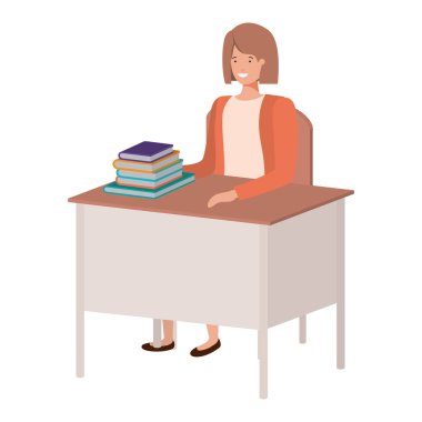 Okul sandalyesinde oturan ve kitap okuyan bir kadın.