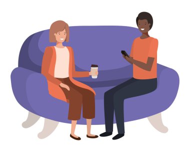 kanepe avatar karakteri akıllı telefon kullanarak çift
