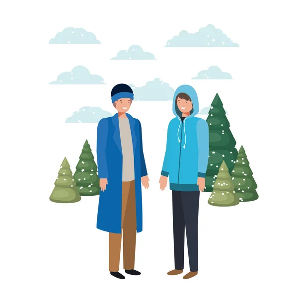 Férfi téli ruhák és a téli fenyő fák avatar karakter — Stock Vector