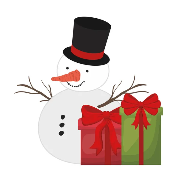 Geschenkdozen en Snow Man geïsoleerde icoon — Stockvector