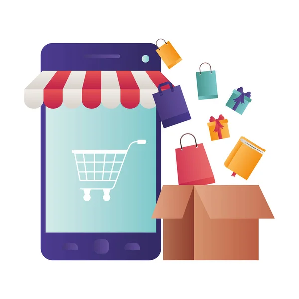 Smartphone con tienda y carrito de compras — Vector de stock