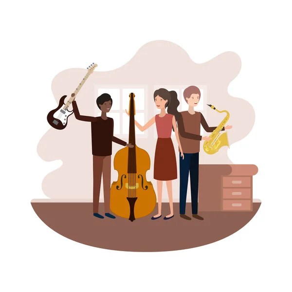 Ομάδα ανθρώπων με μουσικά όργανα στο σαλόνι — Διανυσματικό Αρχείο