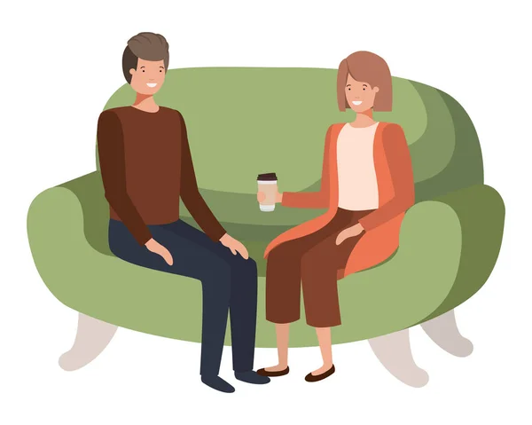 Ζευγάρι στον καναπέ πίνοντας καφέ χαρακτήρα avatar — Διανυσματικό Αρχείο
