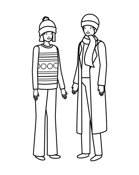 Pareja con carácter avatar ropa de invierno — Vector de stock