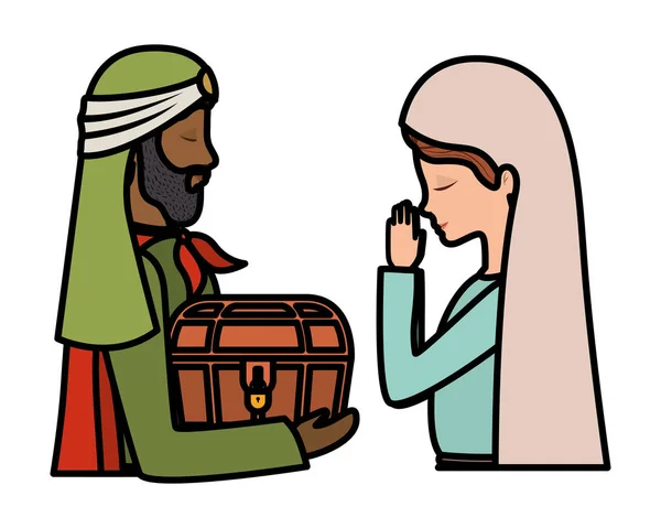 Linda María virgen con sabios personajes del rey — Vector de stock